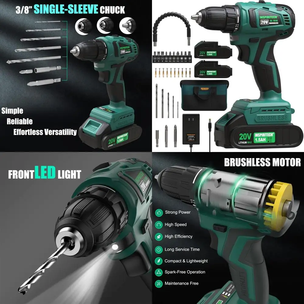 

20V Cordless Brushless Drill Set: 2 Batteries, Charger, 3/8 Chuck, 22 Torque Settings, Bits, and Bag