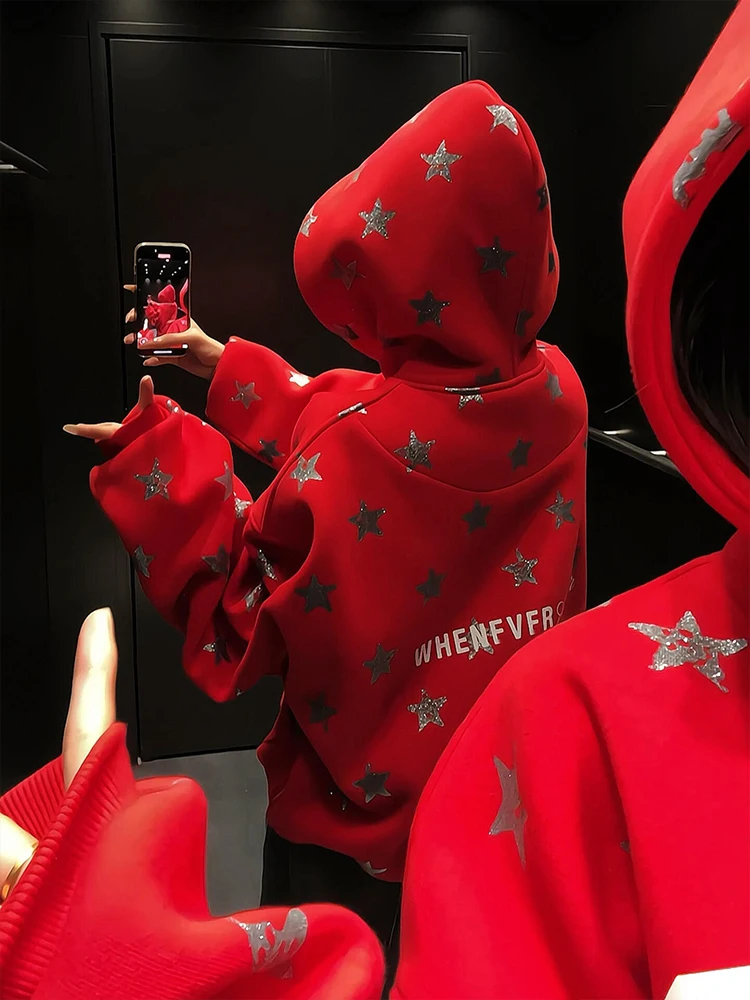 

Ретро-худи с американскими красными буквами и звездами, женская утепленная флисовая куртка на осень-зиму, красивая верхняя одежда в повседневном уличном стиле