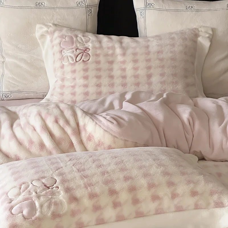 Thickened Warm High Gram Weight Rabbit Plush Milk Plush Four-piece Set Heart Pink Quilt Cover Bed Sheet Pillowcase Bedding Set