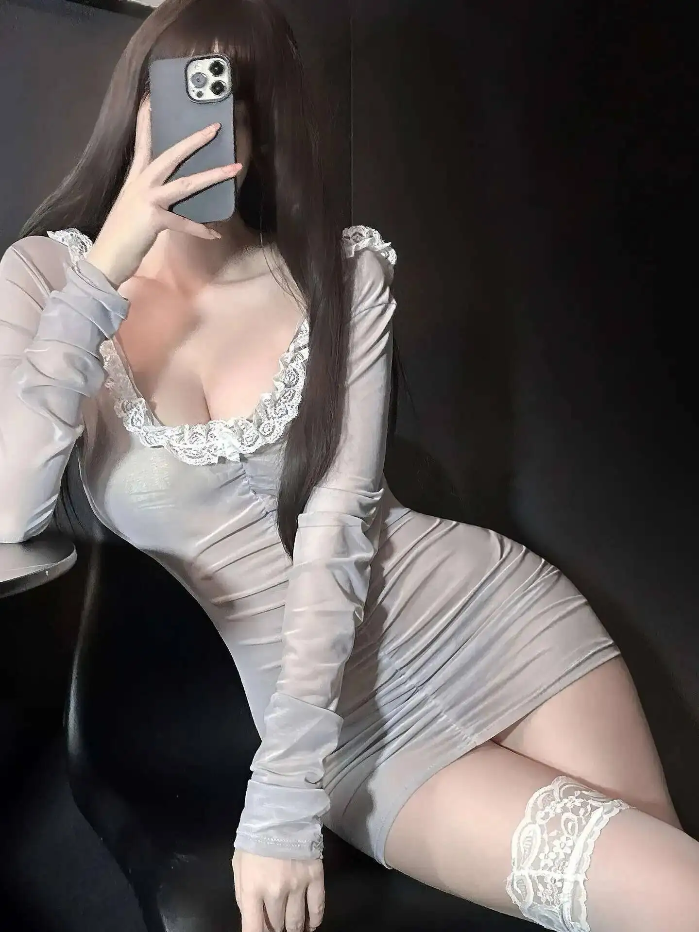 Erótico sm mini vestido de manga longa sexy decote em v malha pura renda envolto saia camisola vestido elegante quente sexy doce feminino 6wwz