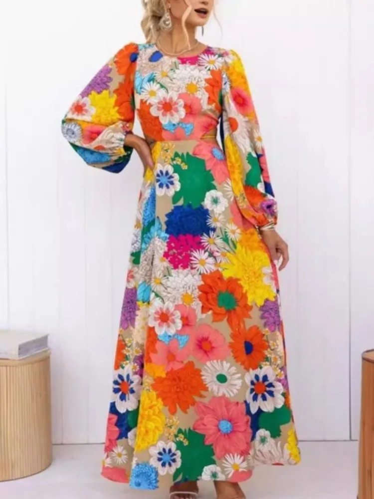 

Elegant Women Floral Print Long Dress Autumn Round Neck Long Sleeve Waist Hollow Out Fashion Dresses Robe Holiday Streetwear