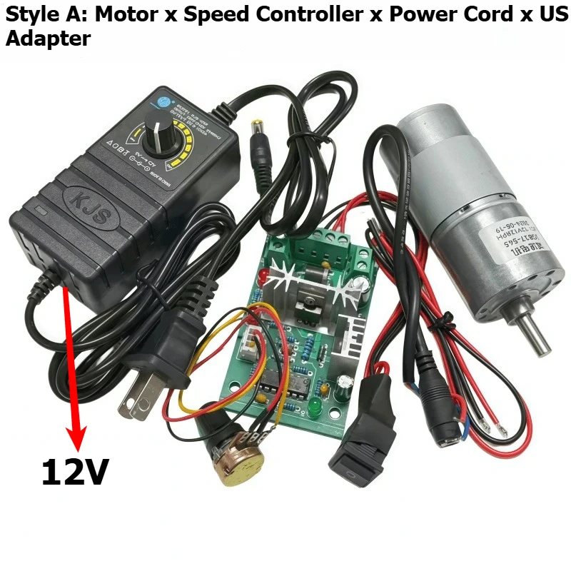JGB37-545 DC speed reducer motor, 12V or 24V, reversible, with speed controller, power cord, adjustable power supply