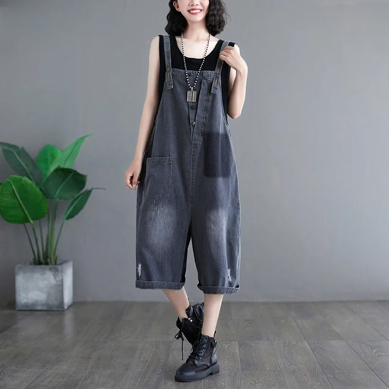 Vintage Blue Black Denim Jumpsuit Women Casual Loose Straight Wide Leg Short Cargo Pants Rompers Jeans Suspender Overalls ZL527