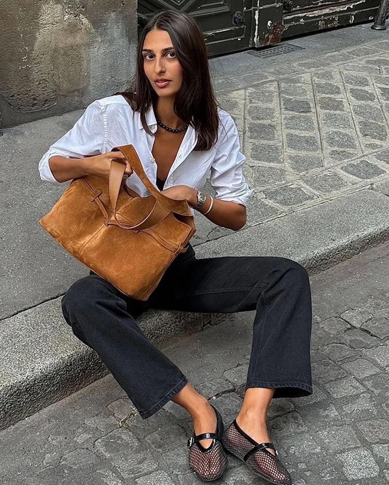 

Vintage Faux Suede Tote Bags For Women Luxury Designer Handbags And Purses New In PU Belt Buckle With Inner Pocket Shoulder