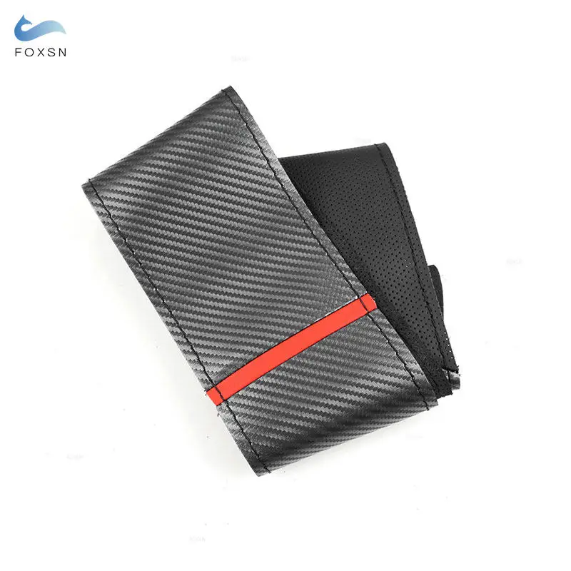 Universal 38CM Black Carbon Fiber + Perforated Leather Splice - Red strip Steering Wheel Hand Braid Cover Interior Accessories