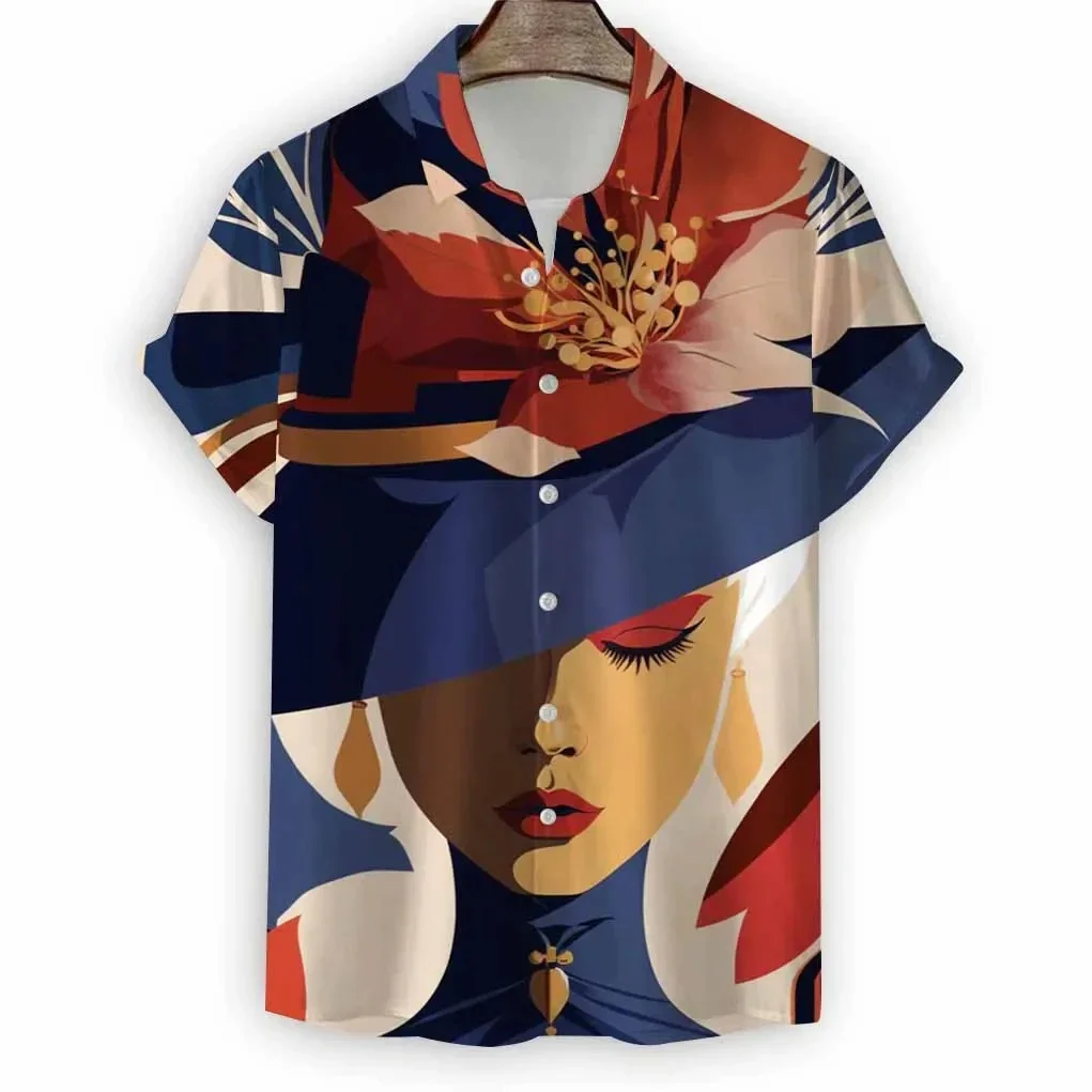 2024 New Beach Modern Girls Print Men\'s Shirt Casual Fashion Shirt Button Lapel Streetwear Oversized Men\'s Short Sleeve Shirt