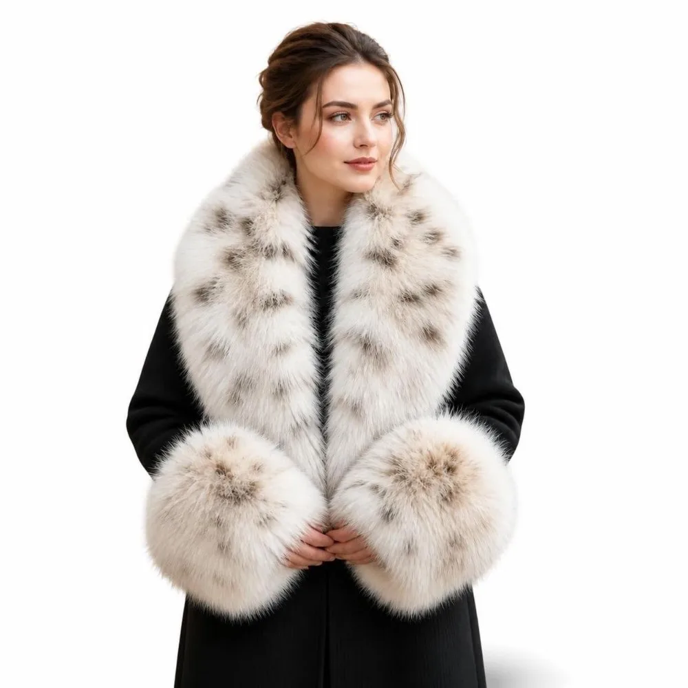 Luxury Large Size Faux Fur Collar Set V Shape Oversized Shawl Collar Wrap Thick Warm Detachable Fur Cuff Set Overcoat Matching