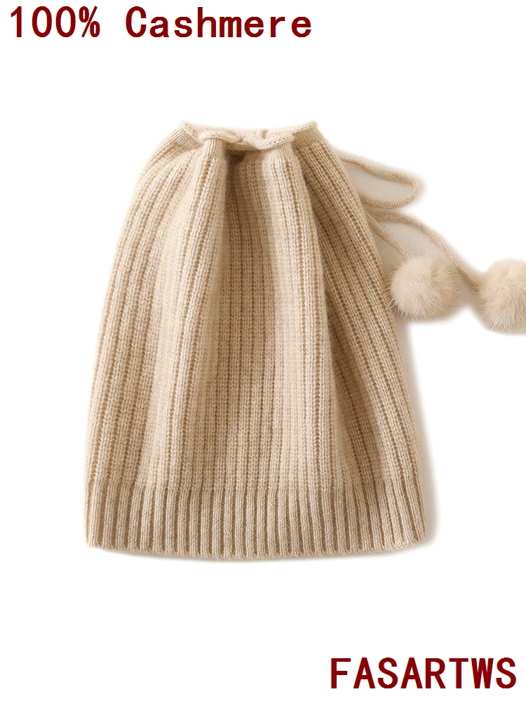 

FASARTWS 2025 New Winter High Quality Pure Cashmere Knitted Hat Women's Winter Warm Stripes Pure Salad Rope Hat Cap Casual Soft