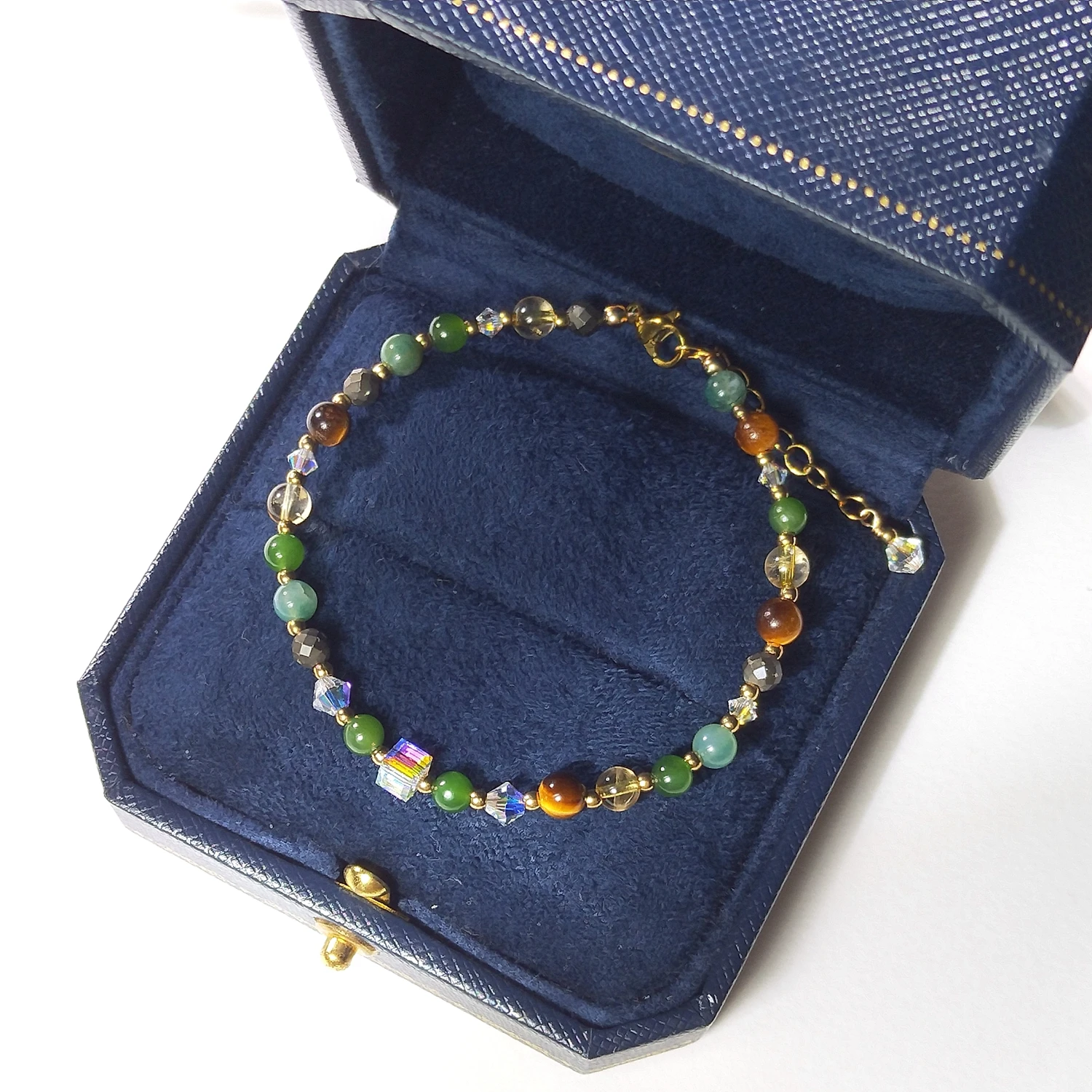 Lii Ji Natural Hetian Jade Pyrite Moss Agate Tiger's Eye Citrine 4mm American 14K Gold Filled Handmade Bracelet