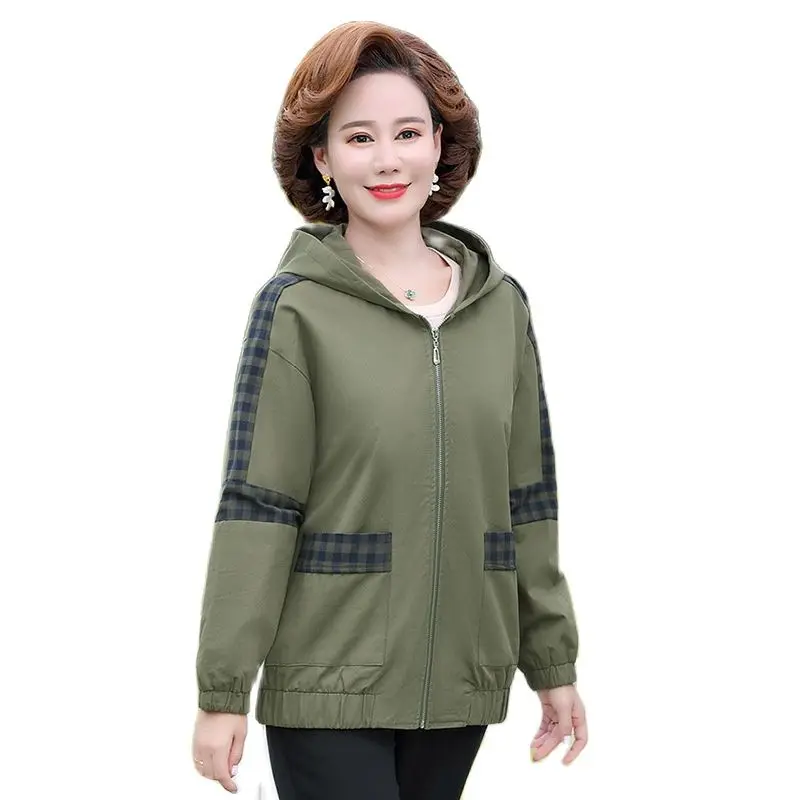 

2023 New Fashion Hooded Coat Spring Autumn Women Jacket Tops Middle-Aged Elderly Mother Loose Casual Outerwear Tooling 4XL