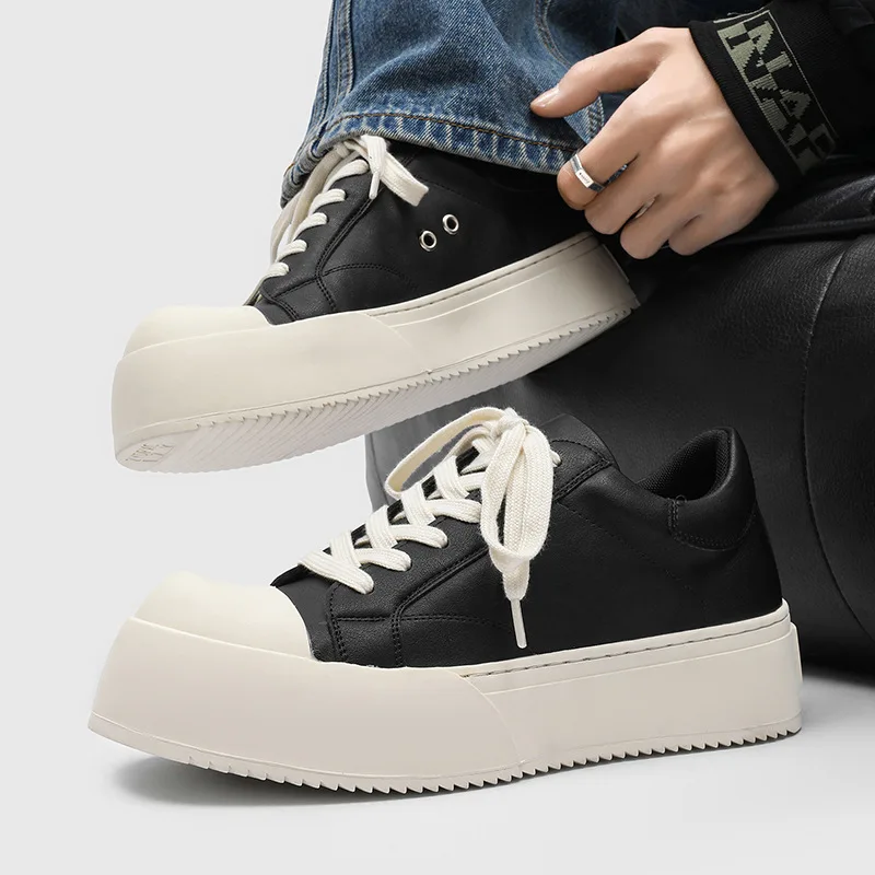 Korean style mens casual flat platform shoes lace-up derby shoe original leather sneakers black stylish street cool footwear man
