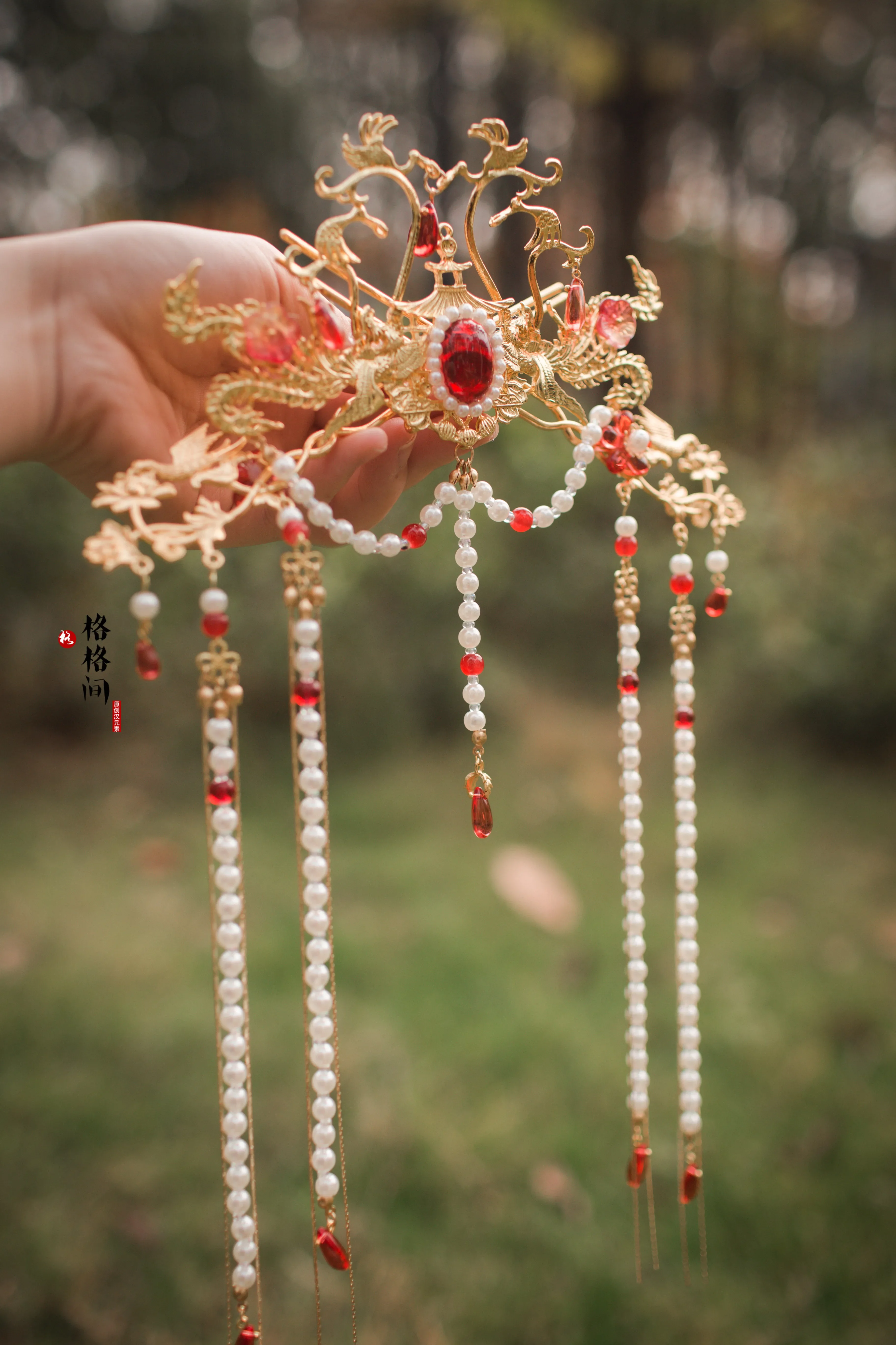 Ming Dynasty Antique Hair Sticks Accessories for Women Traditional Chinese Style Pearl Fringe Hairpin Red Wedding Jewelry Crown