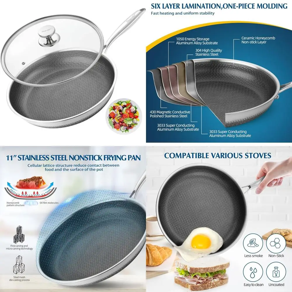 

12-Inch Honeycomb Nonstick Skillet with Lid - Stainless Steel Cookware for Induction, Gas, and Oven Use