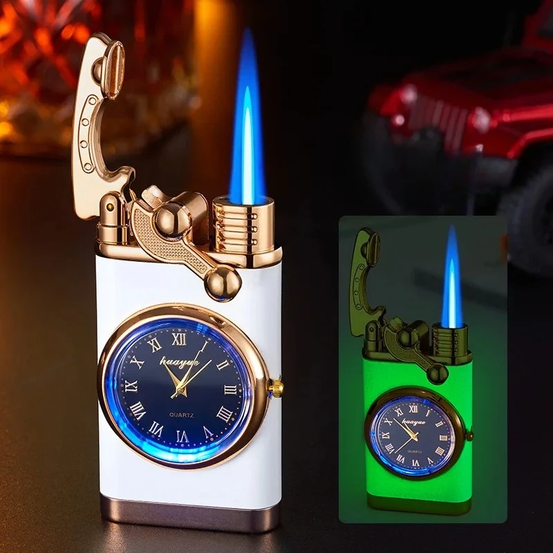 New Quartz Watch Windproof Lighter Metal Blue Light Rocker Arm Butane Jet Flame Torch Lighter Smoking Men's Gift Ignition Tools