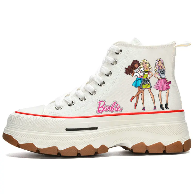 Girls Barbie Canvas Shoes Woman High Top Girls Elevator Shoes Casual Sneakers Cartoon Barbie Tennis shoes Size 35-40