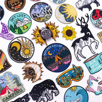 Sun Embroidered Patches On Clothes DIY Outdoot Mountains Applique Patches For Clothing Space Nature Adventure Iron On Patches