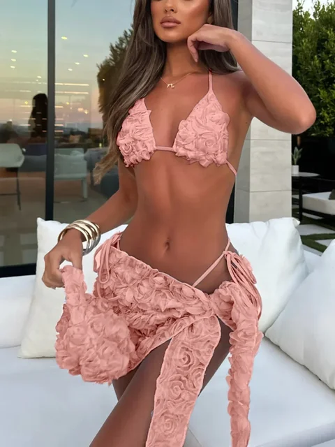 Seksowny 3-częściowy zestaw bikini dla kobiet 3D Flower Beach Skirt Swimsuit Pure Pink Triangle Halter Backless Thong Swimwear 2025 Summer New