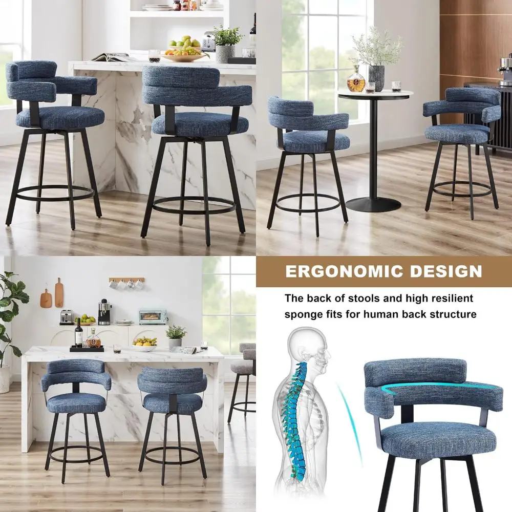 

Пара современных вращающихся барных стульев со спинкой с льняной обивкой и металлической подставкой для ног