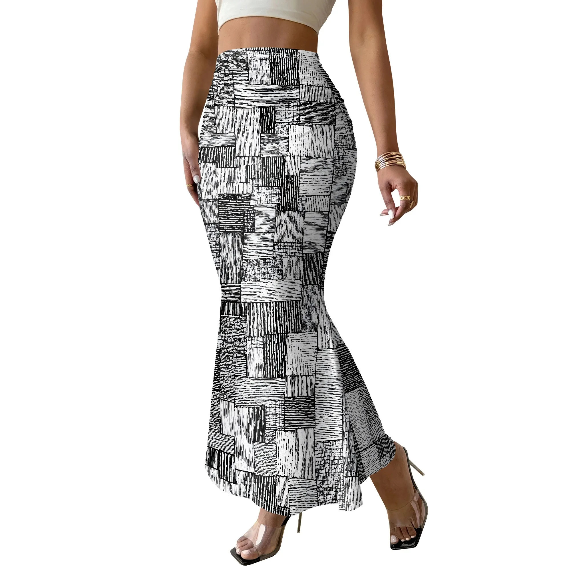 Geometric Print Mermaid Skirt, High Waist Bodycon, Pencil Maxi Skirt, Party Evening Wear, S-2XL