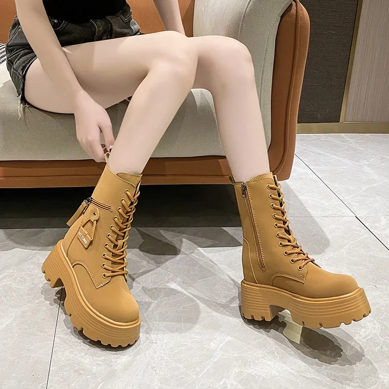 New 2023 Autumn Platform Mid-calf Boots 9CM High Heels Women Thick Sole Winter Leather Punk Shoes Chunky Motorcycle Boots Woman