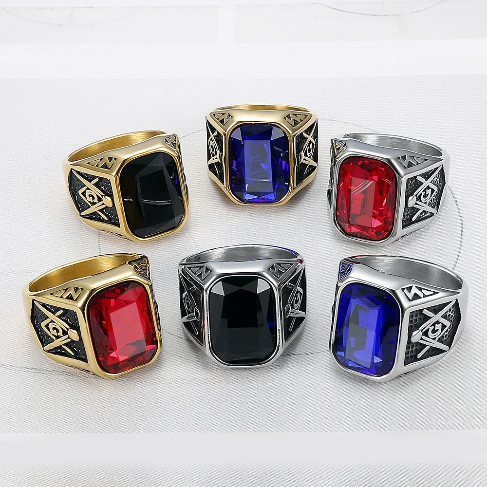 

Punk Hip Hop Blue/Black/Red Stone Ring Men Women Fashion Retro Steel Color/Gold Letter G Masonic Ring Stainless Steel Jewelry