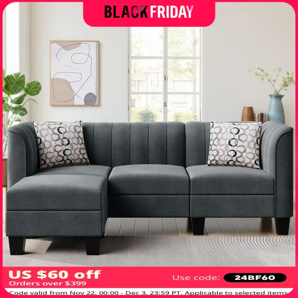 Sectional Sofa Couch for Living Room, Small 3-Seat L Shaped Couch with Linen Fabric, Convertible Sofa with Chaise Clearance Set