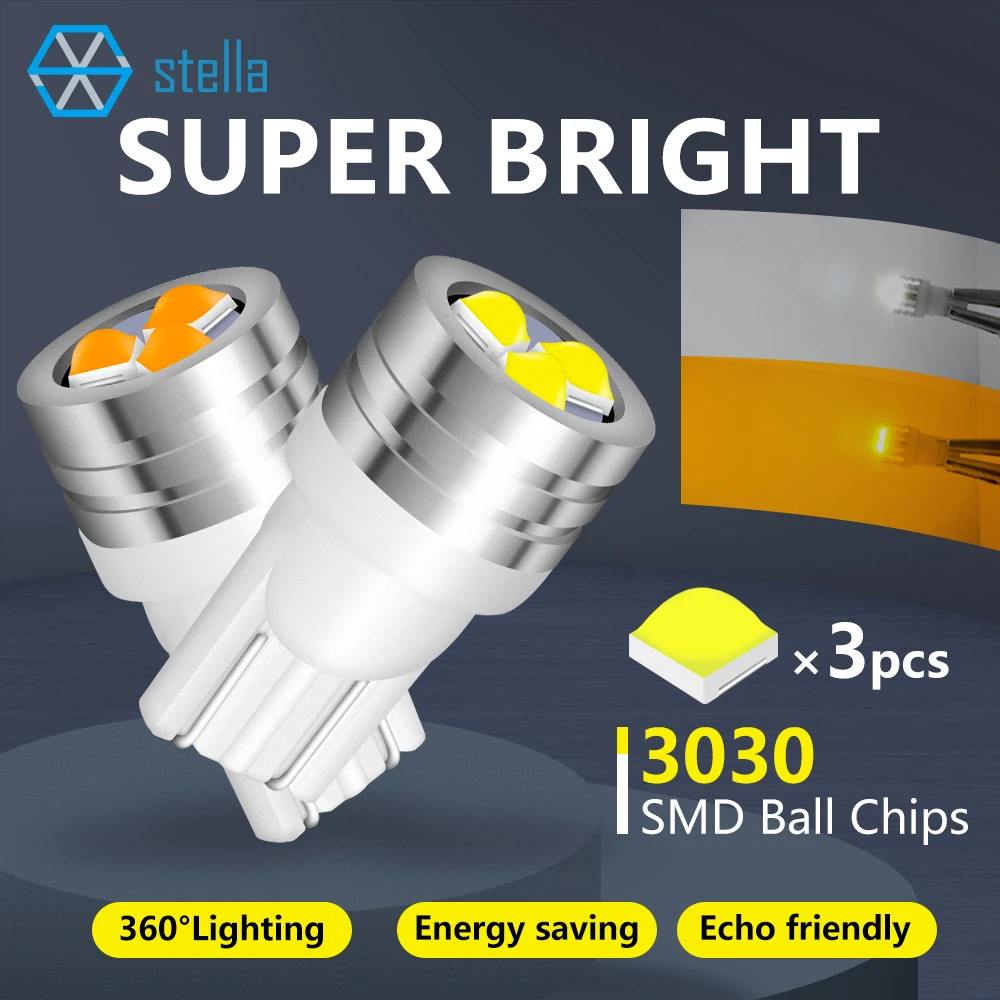 Stella 2X LED T10 Bulbs High Bright 360° Upgrad Chips White/Yellow Color Light 12V Small Size W5W for Car Signals Interior Lamp