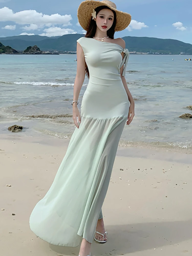 Zomer Solid Mesh Chic Diagonale Kraag Sexy Lange Jurk Vrouwen Elegante Bodycon Sheer Jurk 2025, Koreaanse Luxe Festival Feestjurk