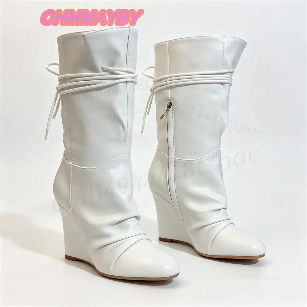 Women White Wedge Boots Round Toe High Heels Knee High Side Zipper Wraparound Tie Slouchy Shaft Smooth Finish Fall Winter Shoes