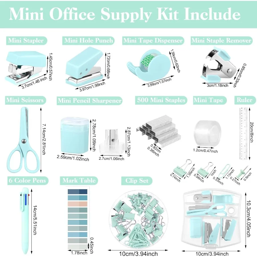 Mini suministros de oficina, suministros escolares verde turquesa con notas adhesivas, Mini grapadora, dispensador de cinta, agujero, removedor de grapas Puh Stap