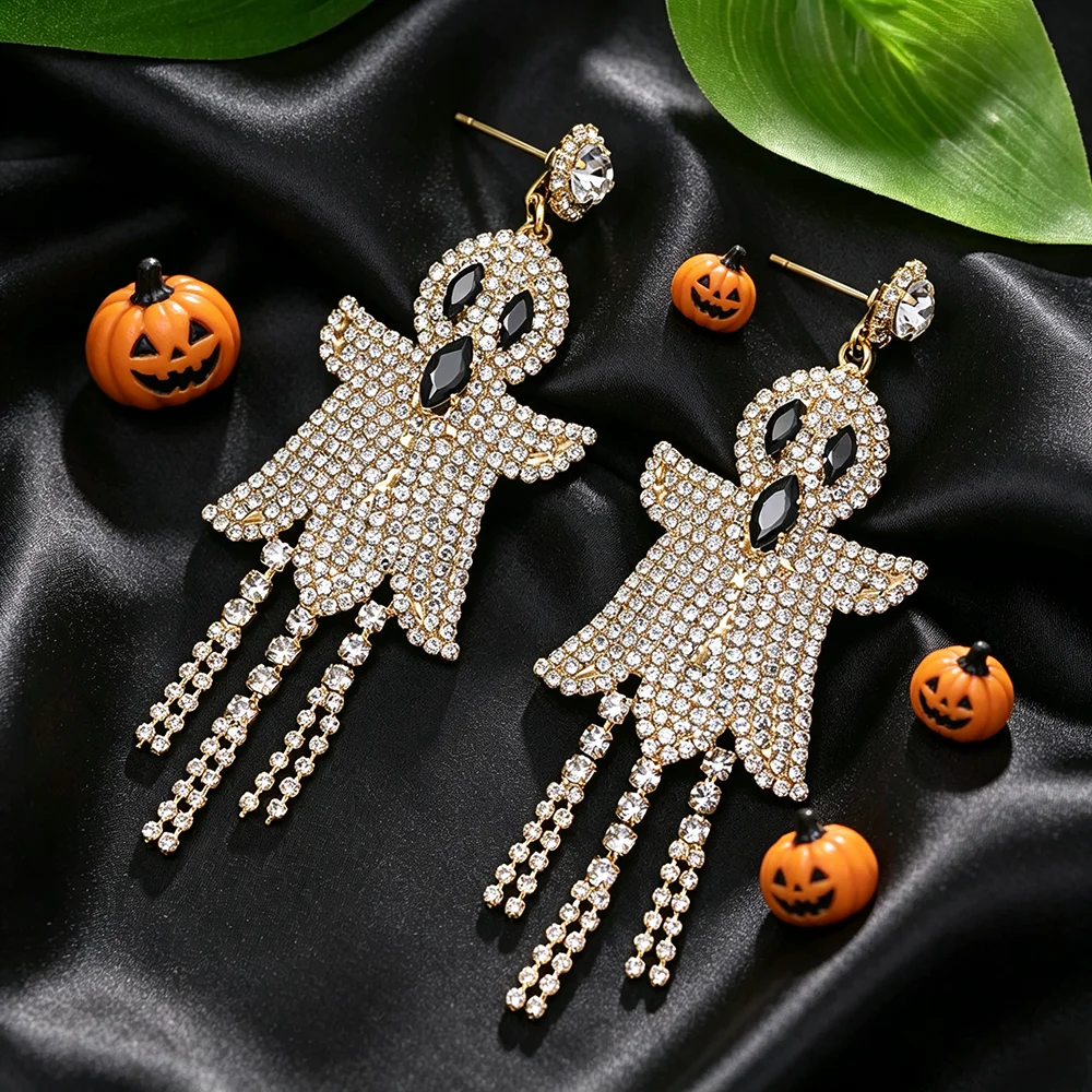 Halloween Ghost Dangle Earrings Crystal Rhinestone Chandelier Tassel Statement Jewelry for Women Costume Party Prom Night Gift