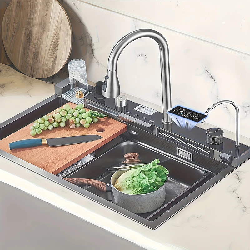 

Modern Luxury Smart Kitchen Sink – Pull-Out Faucet with 3 Spray Modes, Cup Washer, Soap Dispenser & LED Mood Lights