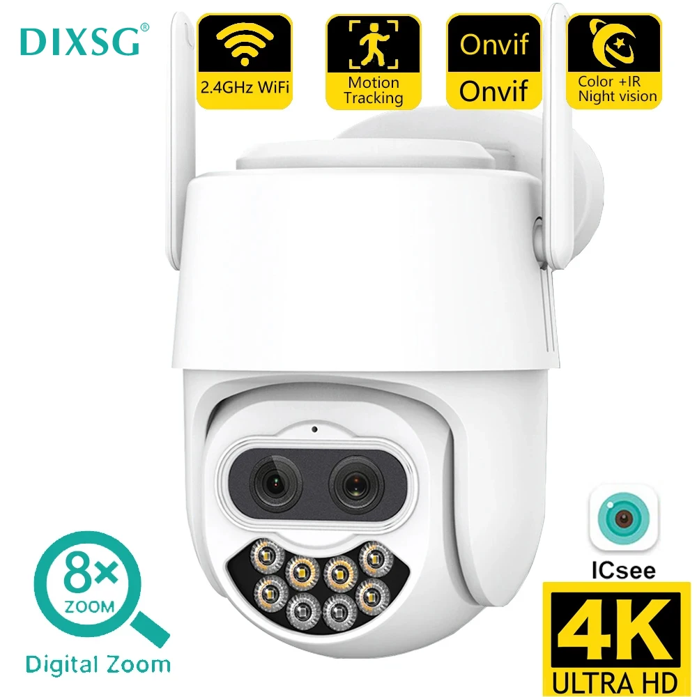 

4K Dual Lens Wifi Security Cameras 8X Hybrid Zoom 8MP HD ICSee PTZ IP CCTV Alarm Cam CCTV Video Surveillance IP Camera