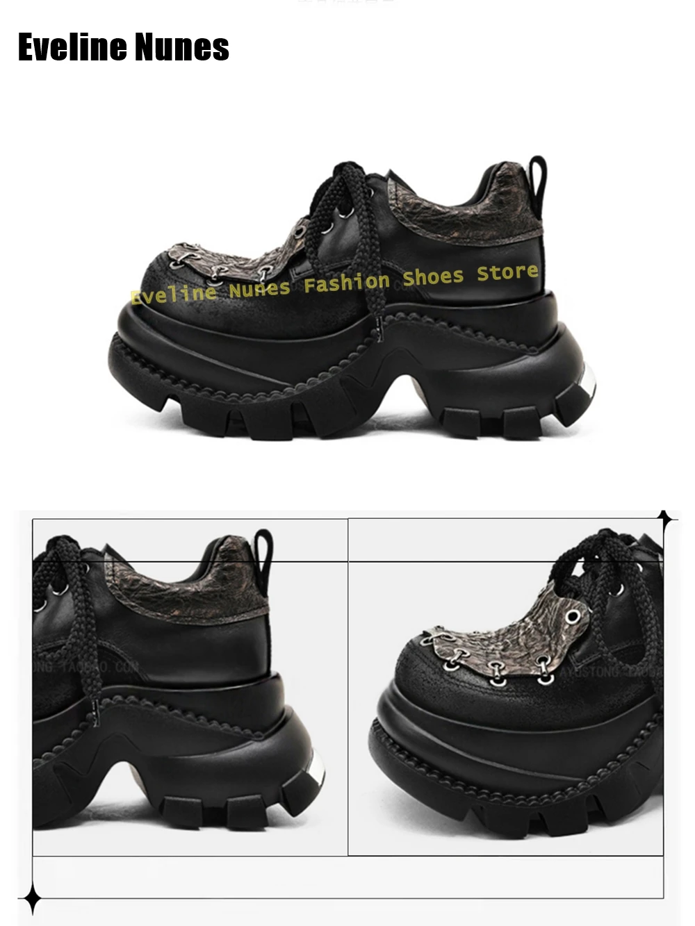 Retro Rivet Patchwork Thick Sole Pantshoes Round Toe Thick Height Increasing Spicy Girl Lace-Up Punk Subculture Style Pumps 2025