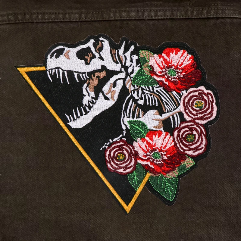 1PC Dinosaur Skeleton With Flower Embroidered Patch Nature Badge DIY Gift Iron On Patches For Clothing Cap Jacket Trucker Hat