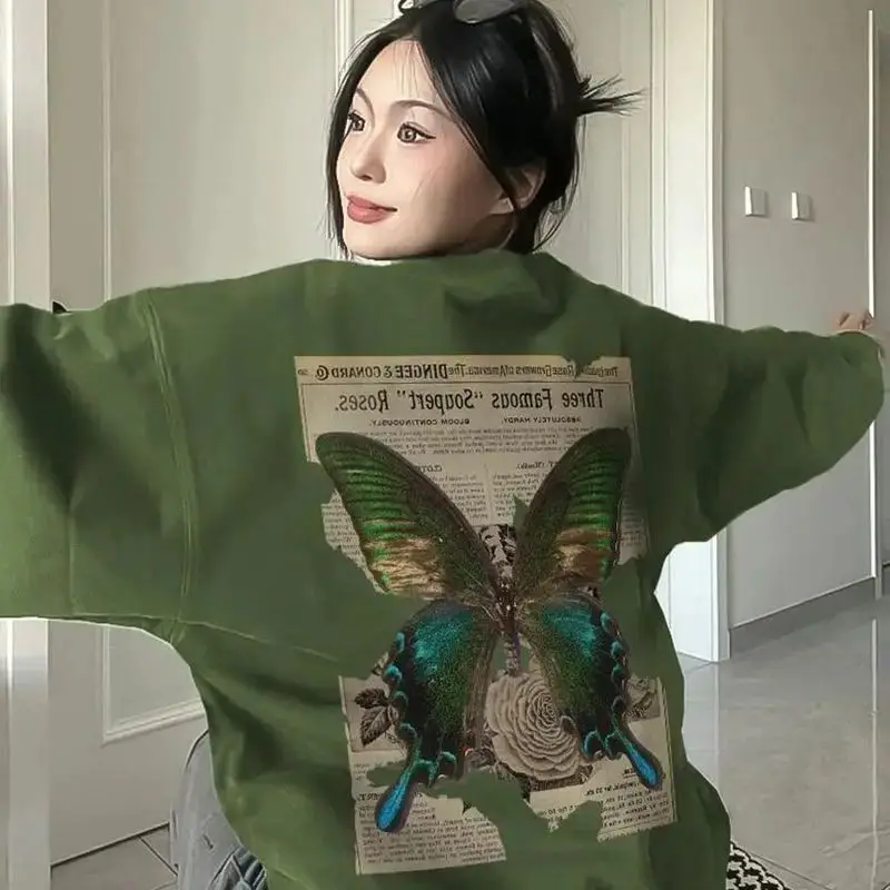 Sweatshirt Long-Sleeved High-End Butterfly Print American Style Lazy Green Women'S Spring And Autumn New Popular Sweatshirt