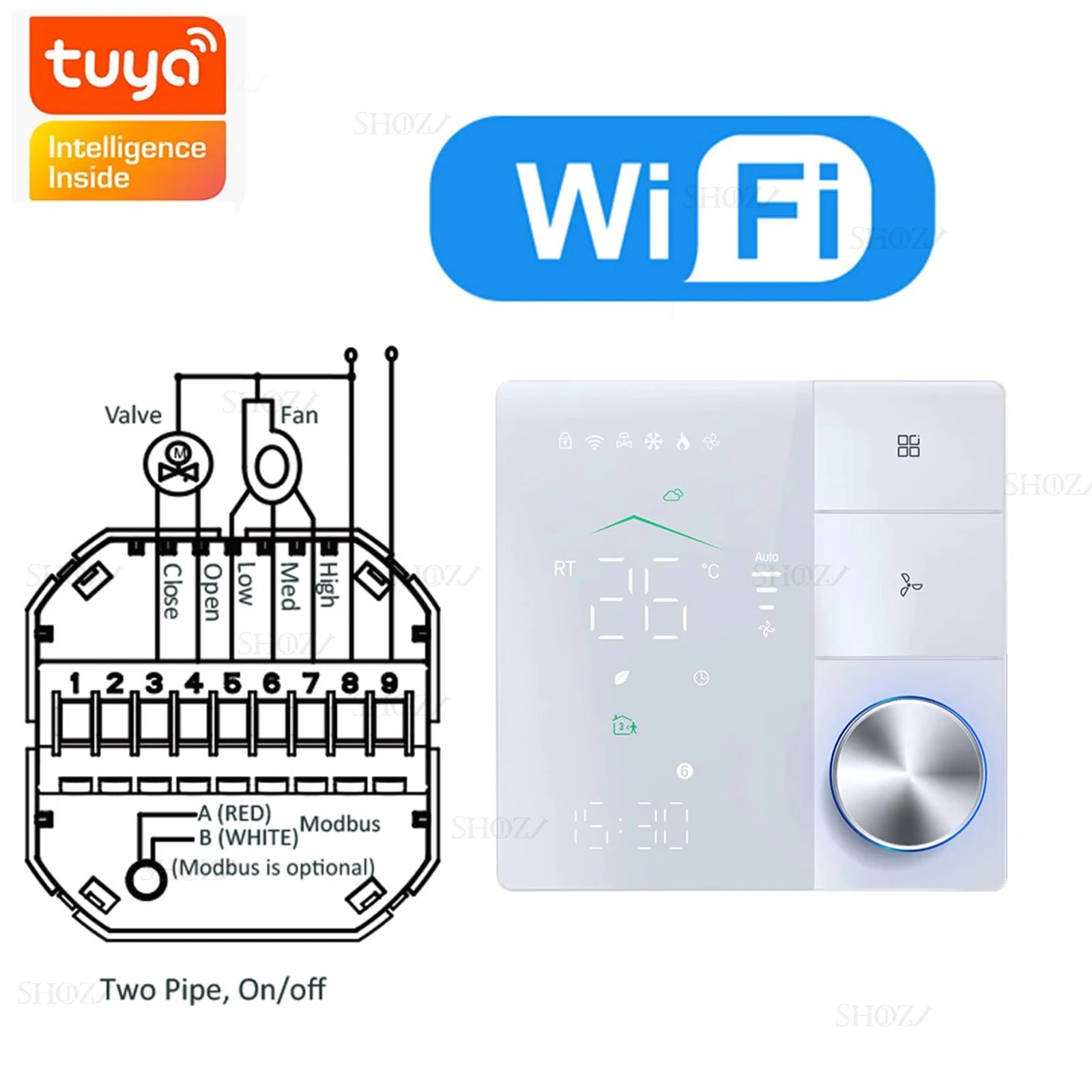 Zigbee/Wifi/RS485 Klimaatthermostaat voor Fan Coil Units, 2/4-Buis Verwarming/Koeling Temperatuurregelaar, Compatibel met Tuya Smart Life,Ondersteunt Alexa Google Home Assistant, kan Honeywell,