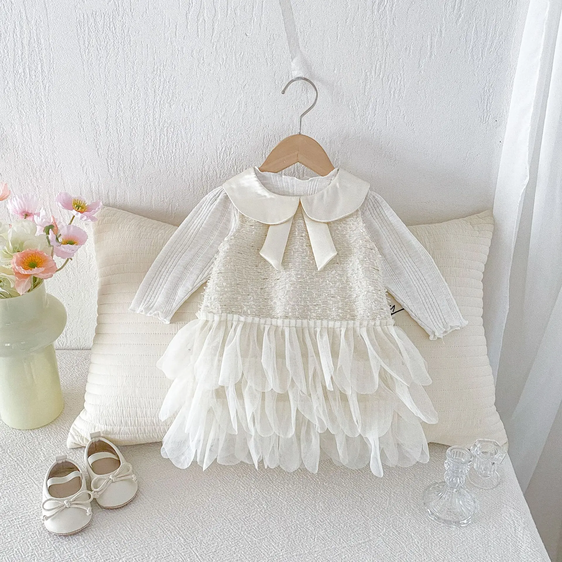 2026 Autumn New Girls Solid Lapel Long Sleeve Bottoming Shirts + Vest Dress 2pcs Suit Baby Girl Sweet Mesh Tiered Dress