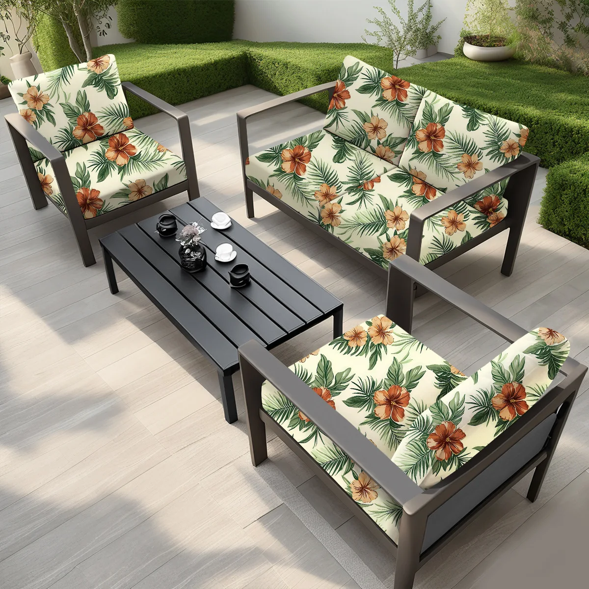 Tropical Flower Print Outdoor Sofa Cushion Cover, Patio Single 1-Seat Double 2-Seat 3-Seat Chair Seat & Back Pillow Slipcover