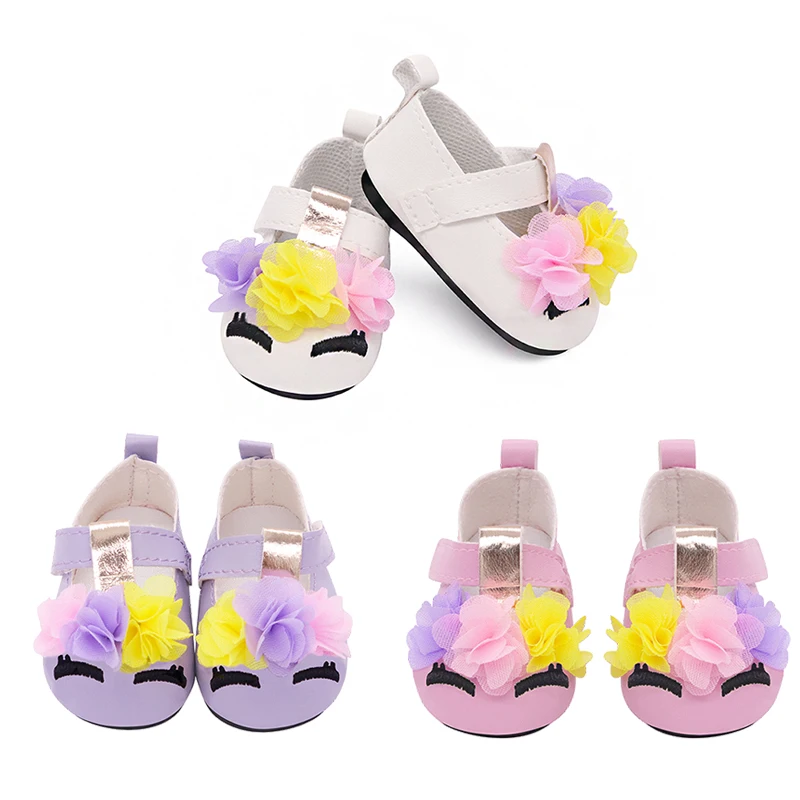 Lovely PU Leather Canvas Shoes For 43 cm New Born Baby Doll Flower Cartoon Accessories Shoes Fit 17 Inches American Dolls Gift