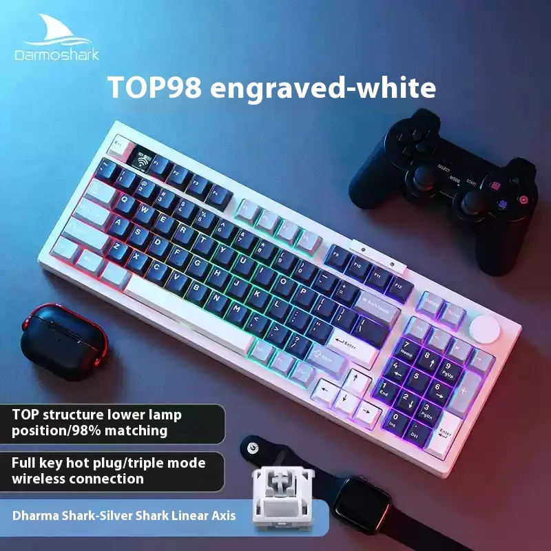 Darmoshark Top98 Mechanical Keyboard Customized Wireless Bluetooth Tri-Mode Side Carved Full Key Hot Plug Office Gaming Keyboard