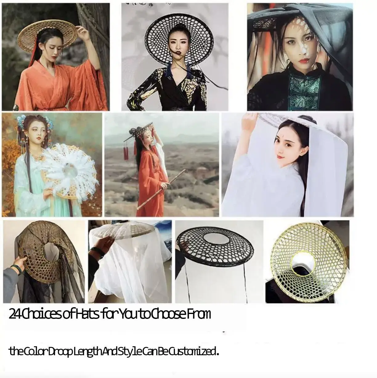 Accesorios de fotografía para mujer, de estilo antiguo sombrero de bambú, cubierta de foto, velo antiguo para jardín, sombrilla de cabeza de Cosplay