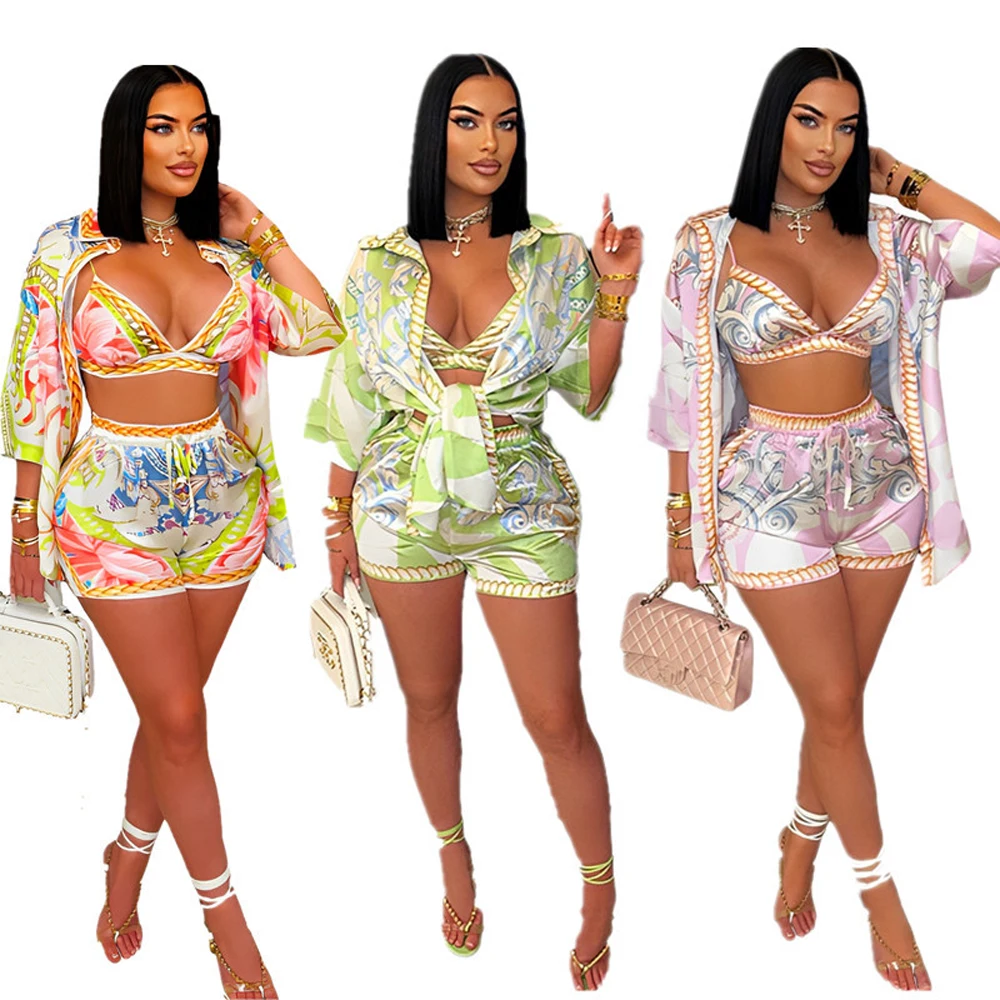 

New Women's 3pcs Sets Casual Paisley Print Beach Suit 3/4 Sleeve Blouse Bra Top and Shorts 2025 Summer Outfit 3 Piece Short Set