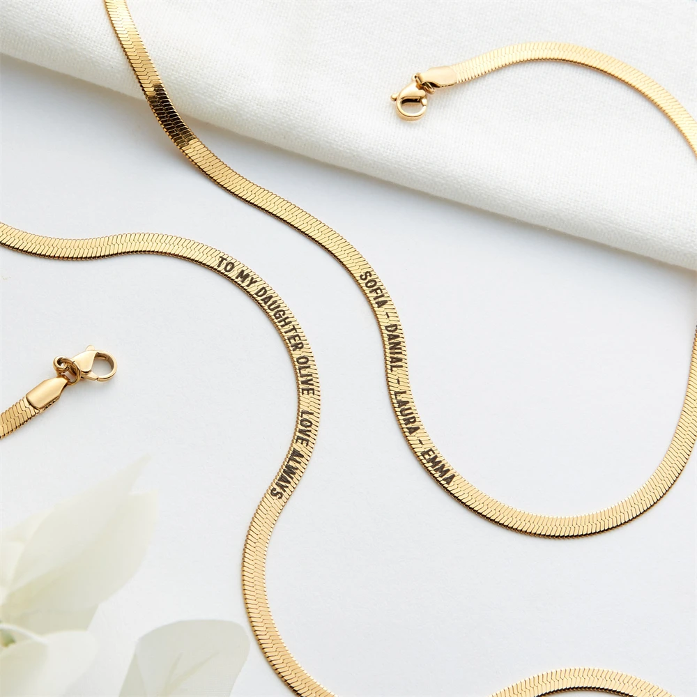 

Engraved Name Date Snake Chain Necklace Stainless Steel Choker Personalized Name Herringbone Necklace for Women Men Jewelry Gift