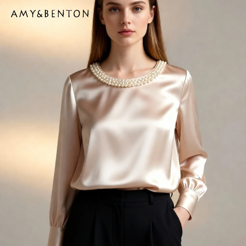 

Французская дизайнерская женская рубашка класса люкс, весна-лето 2026, новая коллекция, однотонная, с жемчужным круглым вырезом, из атласа, элегантная, универсальная, для женщин