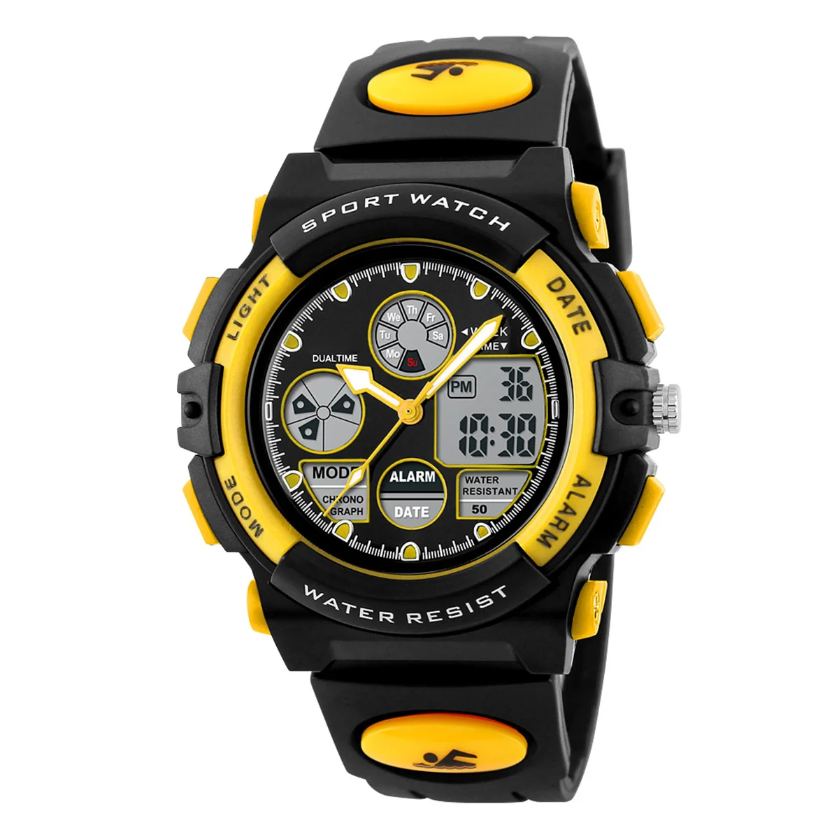 Waterproof Dual Display Watch Yellow Digital Sports Watch El Light Chip Multifunctional Outdoor Electronic Wristwatch For