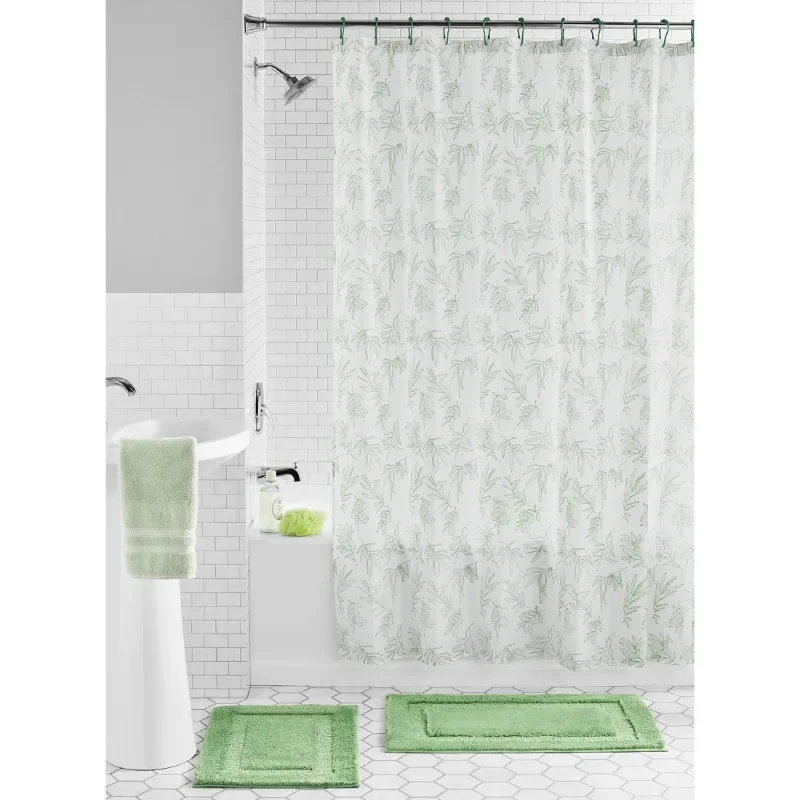 

15-Piece Green Leaves Print Polyester Shower Curtain Set, 70" x 72" Free shippment