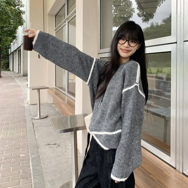 Pull épissé irrégulier pour femme, couleur contrastée, ample, col rond, tricoté, élégant, manches longues, automne