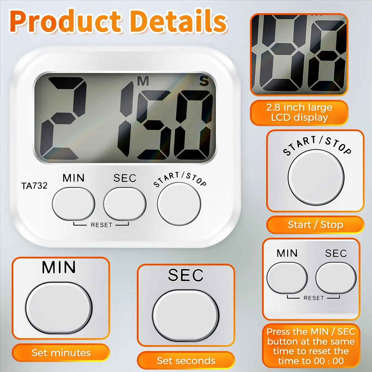 

AA25 Digital Kitchen Timer, Large Screen Large Font Display, Magnetic Back Cooking Timer, Loud Alarm