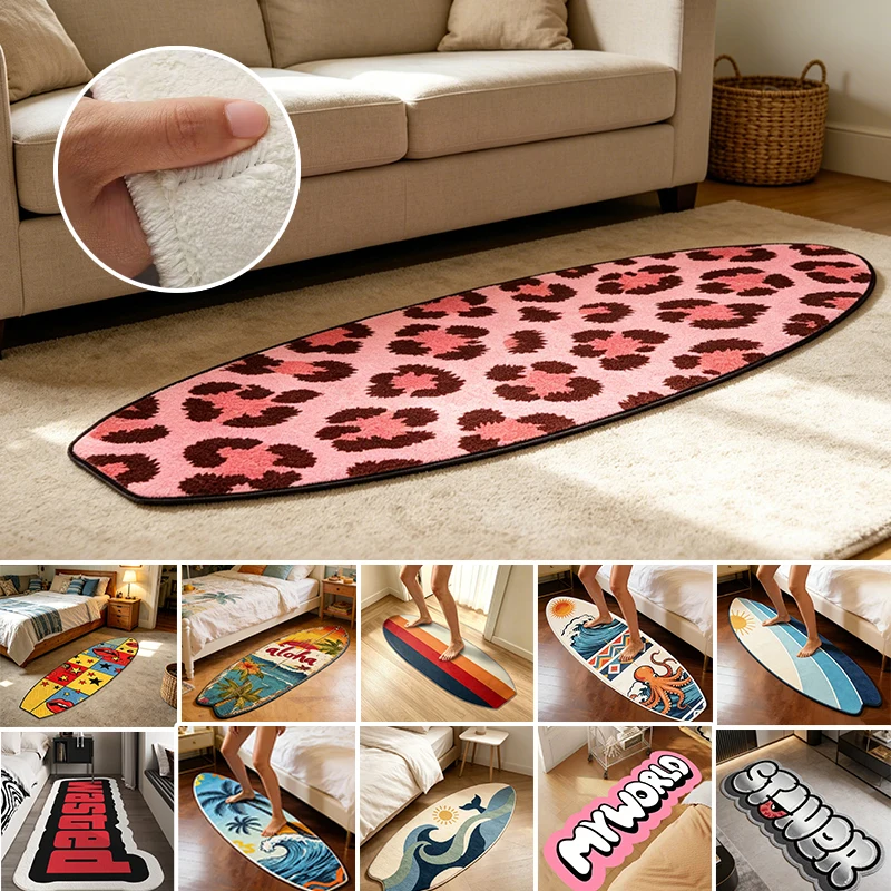 Large Bedside Rug Surfboard Shape Non Slip Irregular Floor Mat Stain Resistant Stitched Edge Runner Carpet for Bedroom Entry